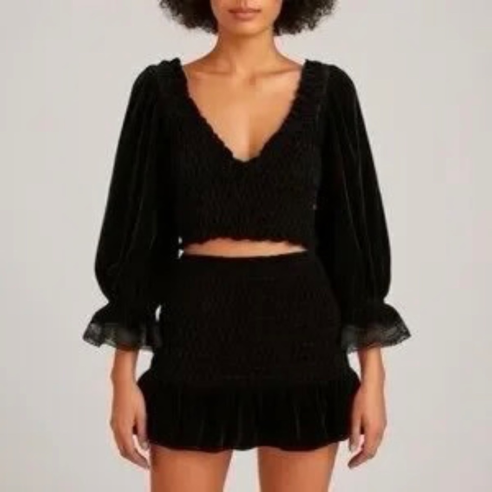 NWT Free People Velvet Black Smocked Mini Skirt Top 2 Piece Set Size M